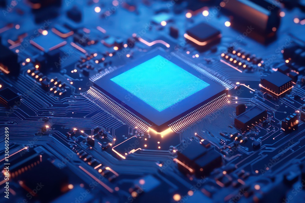 Obraz premium A highly detailed 3D render of an AI-powered microchip glowing in blue, embedded in an advanced circuit board.