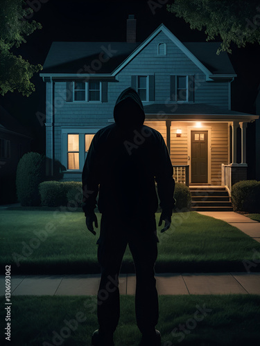 Criminal lurks in the shadows outside a suburban home at night, evoking fear and danger. The eerie scene hints at a potential break in, with a cinematic touch