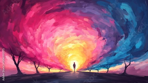 Solitary figure in vibrant swirling landscape sunset scene digital art abstract environment inspirational viewpoint