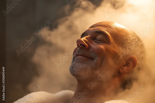 A serene image of a senior man with a calm smile, surrounded by mist and soft lighting in a luxurious spa steam room.