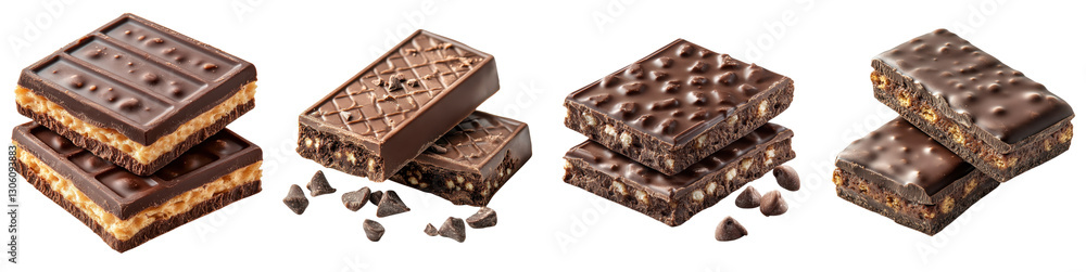 Assorted chocolate bars and chunks . on transparent cutout, PNG file