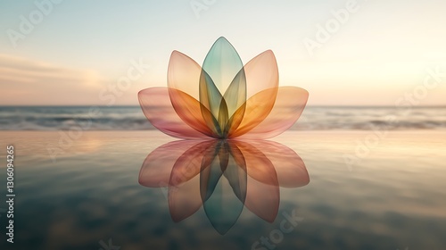Tranquil lotus reflection coastal oasis digital artwork serene environment elevated viewpoint inner peace concept