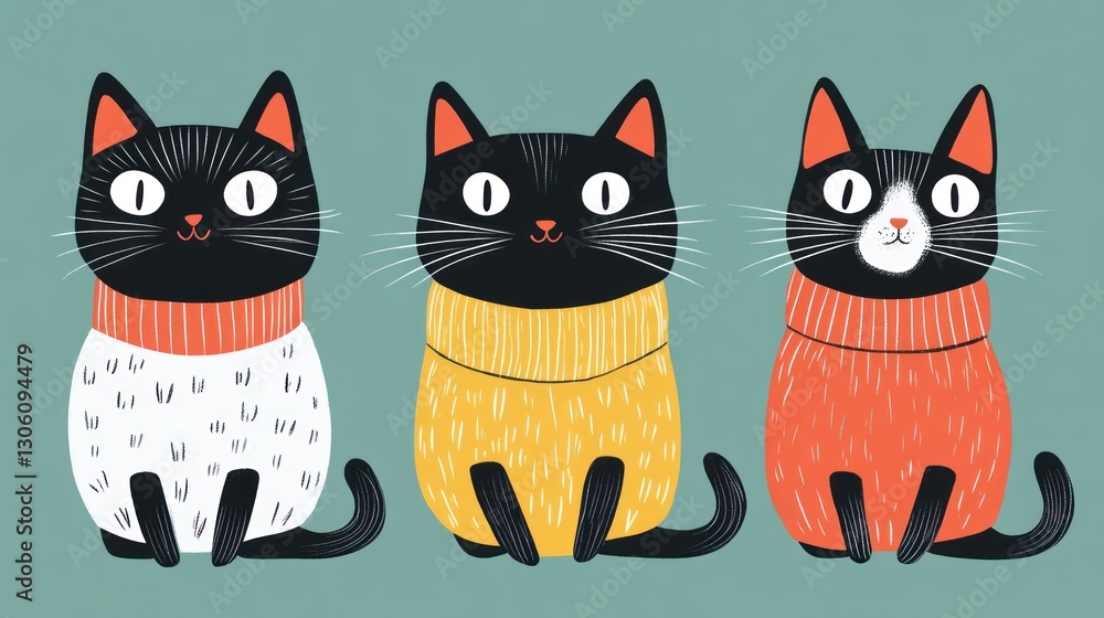 Fototapeta Three multi-colored cats, each in their own distinct clothing style, sitting side by side, looking at the camera as if ready for a group photo.