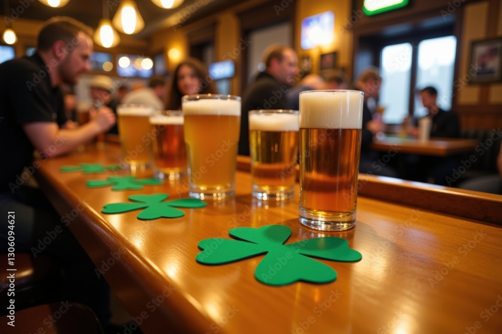 A Lively Pub Scene Featuring Diverse Adults Enjoying Craft Beers Amidst Irish Decor on St. Patrick's Day A Lively Pub Scene Featuring Diverse Adults Enjoying Craft Beers Amidst Irish Decor on St. Patrick's Day