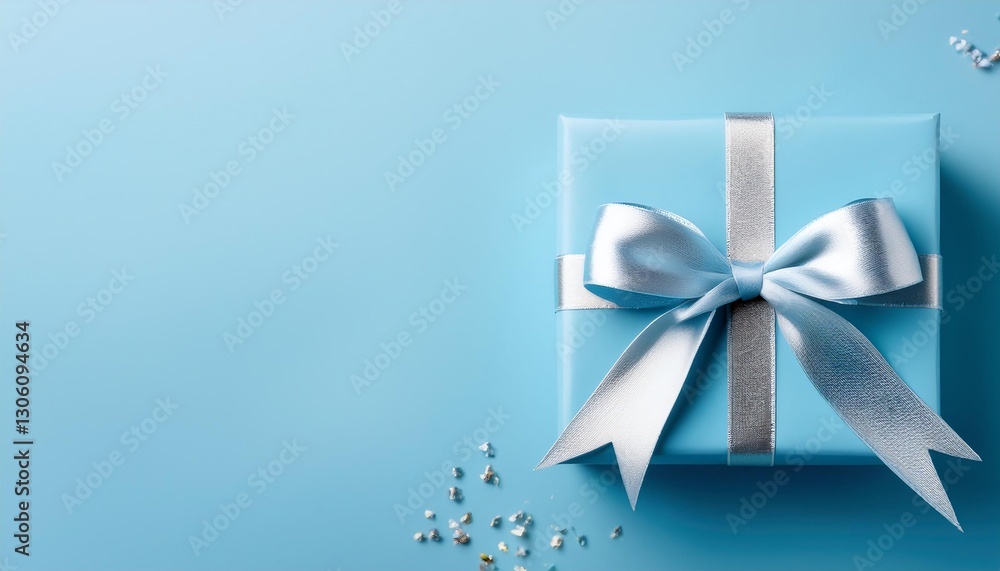 Pastel Blue Gift Box with Silver Ribbon on Pastel Blue Background. Top View of Birthday Gifts with Copy Space Pastel Blue Gift Box with Silver Ribbon on Pastel Blue Background. Top View of Birthday Gifts with Copy Space