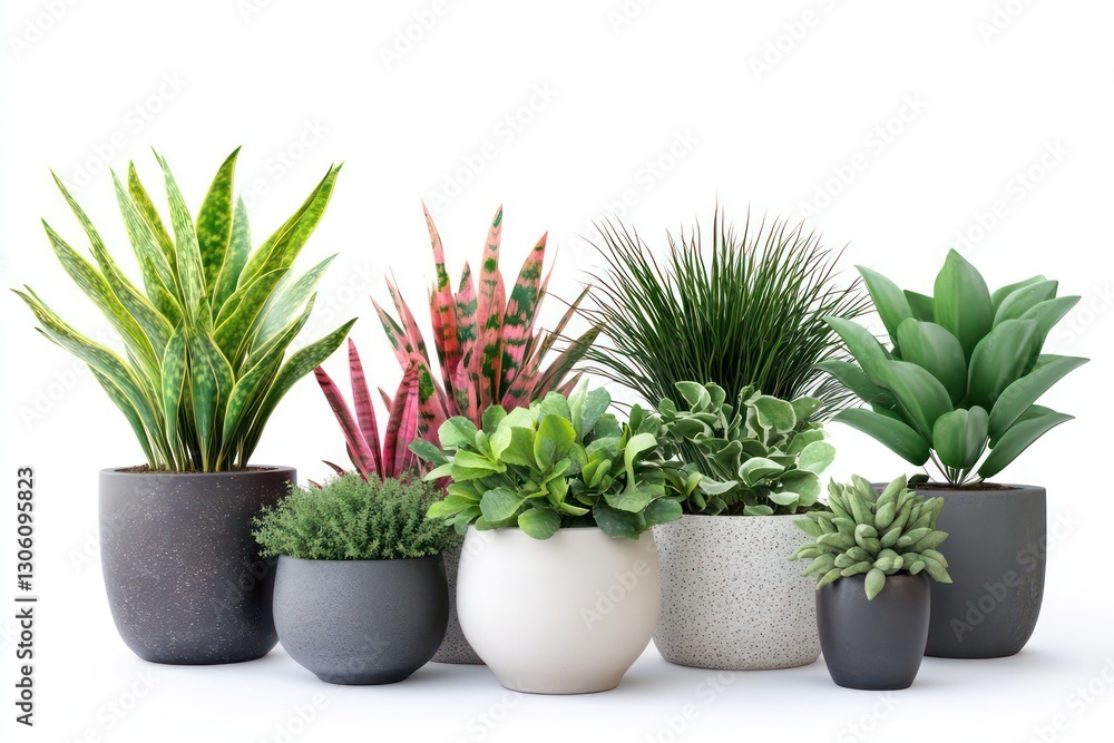 Fototapeta premium A set of air-purifying plants in contemporary containers, isolated on white.
