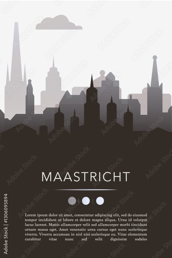 Fototapeta premium Maastricht city template for website, presentation, front page, invitation, publication sheet with skyline, landmarks. Vector Netherlands image layout, simple and grayscale