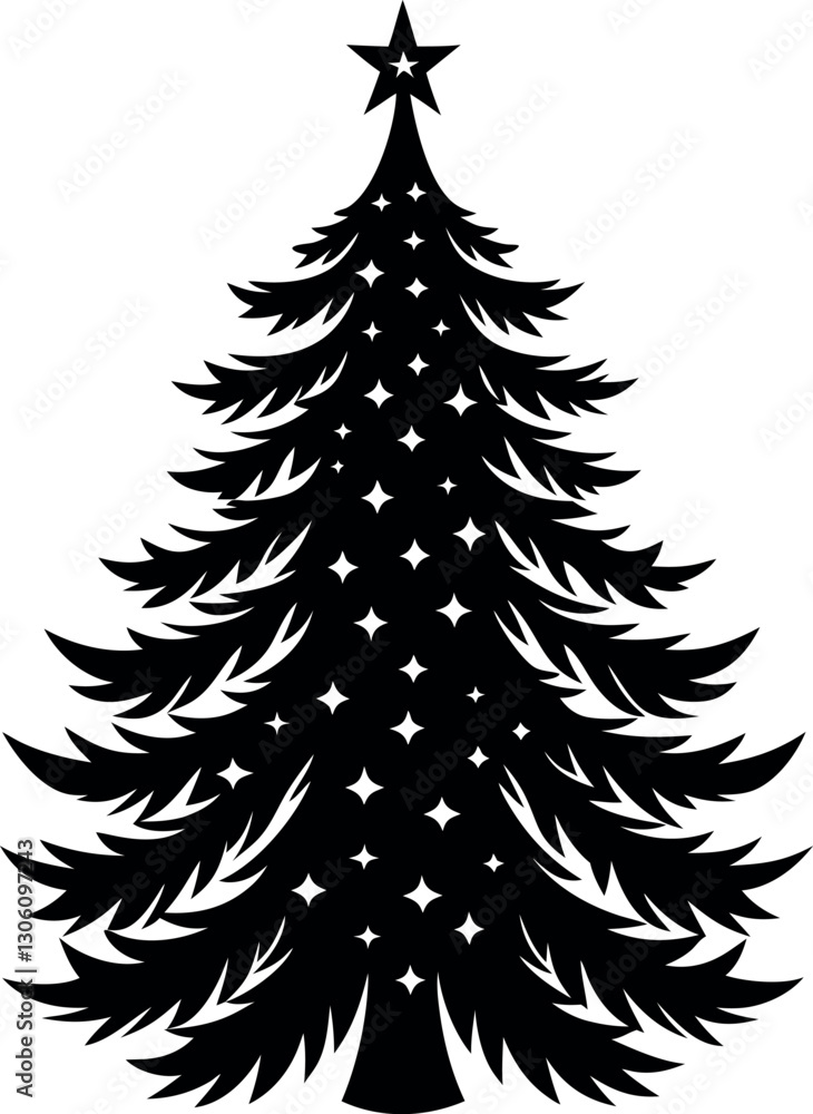 Obraz premium Christmas Tree Silhouette with Star and Decorations - Holiday Vector Illustration