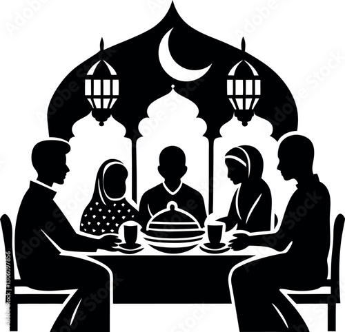 Muslim Family Having Iftar During Ramadan - Islamic Silhouette Vector