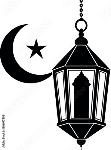 Islamic Lantern with Crescent Moon and Star - Ramadan Kareem Silhouette
