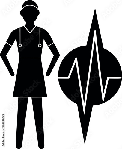 Female Nurse Silhouette with Heartbeat Symbol - Medical Healthcare Icon