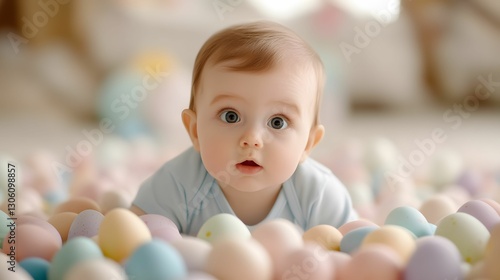 A curious baby crawls among colorful Easter eggs, showcasing innocence and playful exploration in a cozy setting.