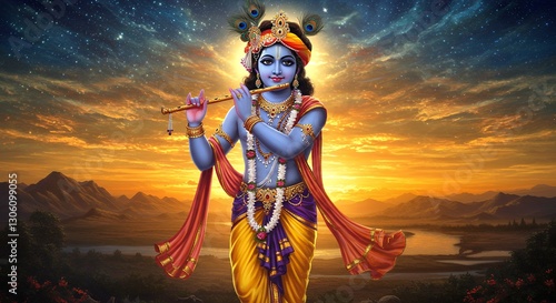 Divine Artistic Illustration of Lord Krishna with Flute