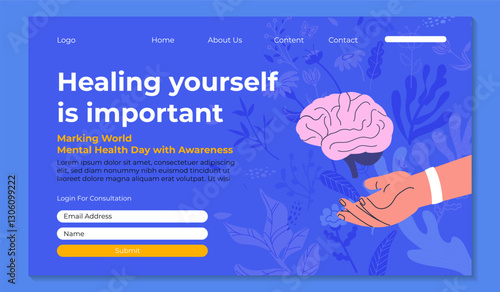 Mental health medical treatment. Mentality healthcare. Support, help with mental problem. Vector flat illustration for banner, poster, landing
