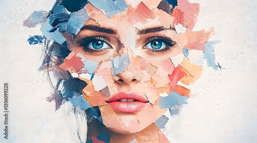 Artistic deconstruction of a woman's face studio digital artwork contemporary close-up identity exploration