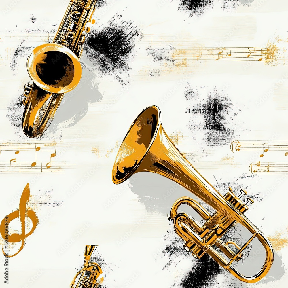 Naklejka premium Musical Instruments Background with Saxophone Trumpet and Music Notes Artistic Pattern
