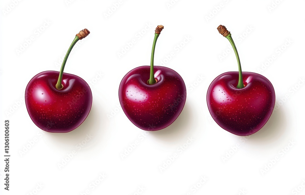 Three Glossy Red Cherries on White Background Three Glossy Red Cherries on White Background
