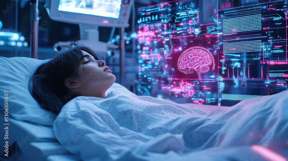 a woman lying in a hospital bed, surrounded by advanced medical equipment. a holographic display projects detailed scans of her head and vital signs. The display features bright, digital graphics a woman lying in a hospital bed, surrounded by advanced medical equipment. a holographic display projects detailed scans of her head and vital signs. The display features bright, digital graphics
