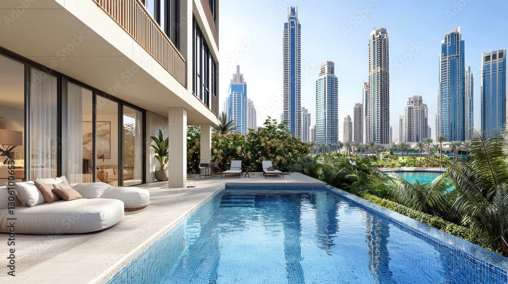 Obraz premium Luxury Dubai Apartment with Private Pool and Stunning Cityscape View