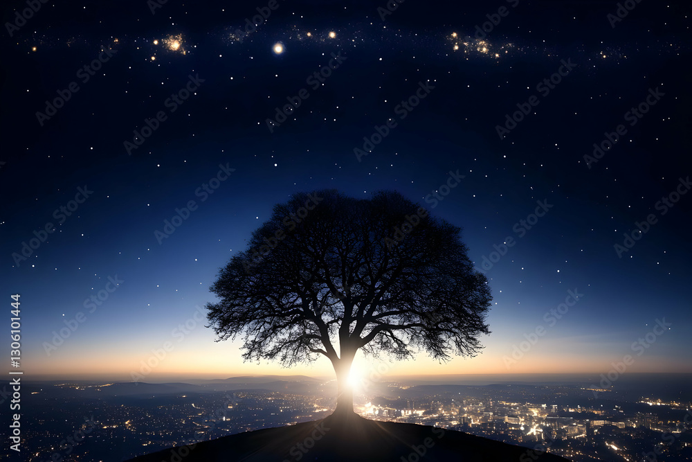 Abstract Photo Of Tree Silhouette Under A Starry Night Sky Over City Abstract Photo Of Tree Silhouette Under A Starry Night Sky Over City