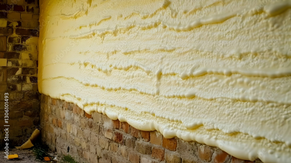 Abstract Photo Of Yellow Foam Insulation On Brick Wall Closeup