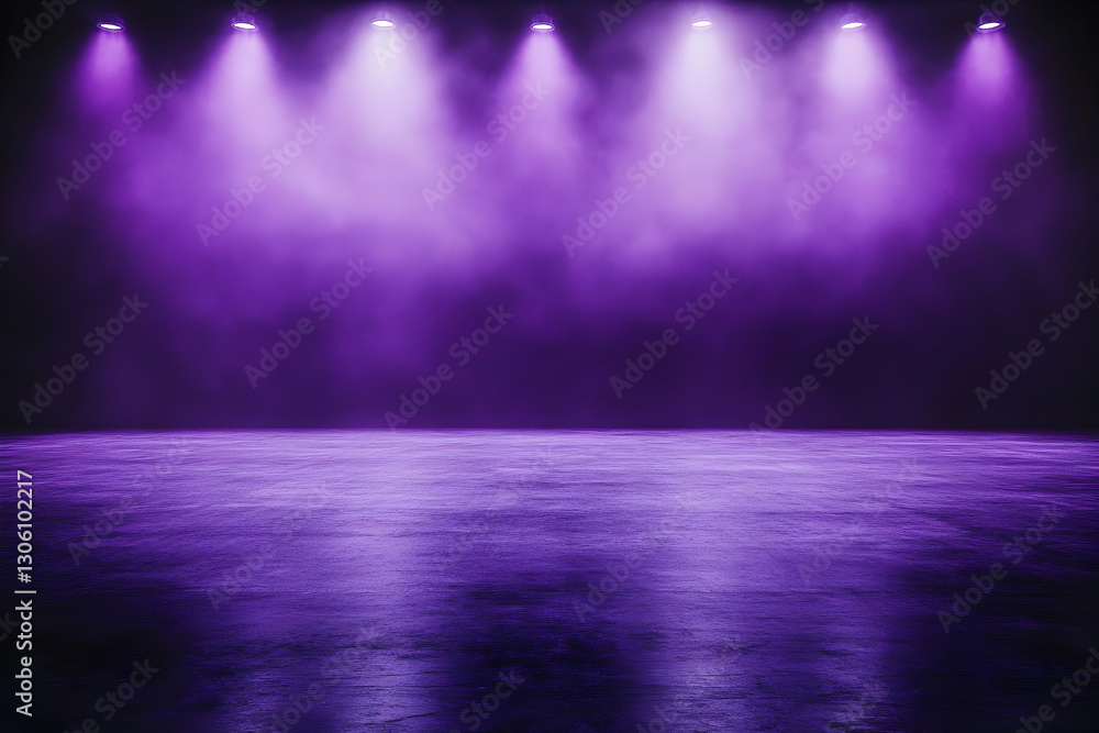 Abstract Purple Stage Background With Spotlights Lighting And Smoke