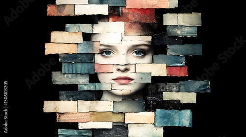 Artistic expression fragmented portrait of a woman digital art abstract dark background conceptual interpretation