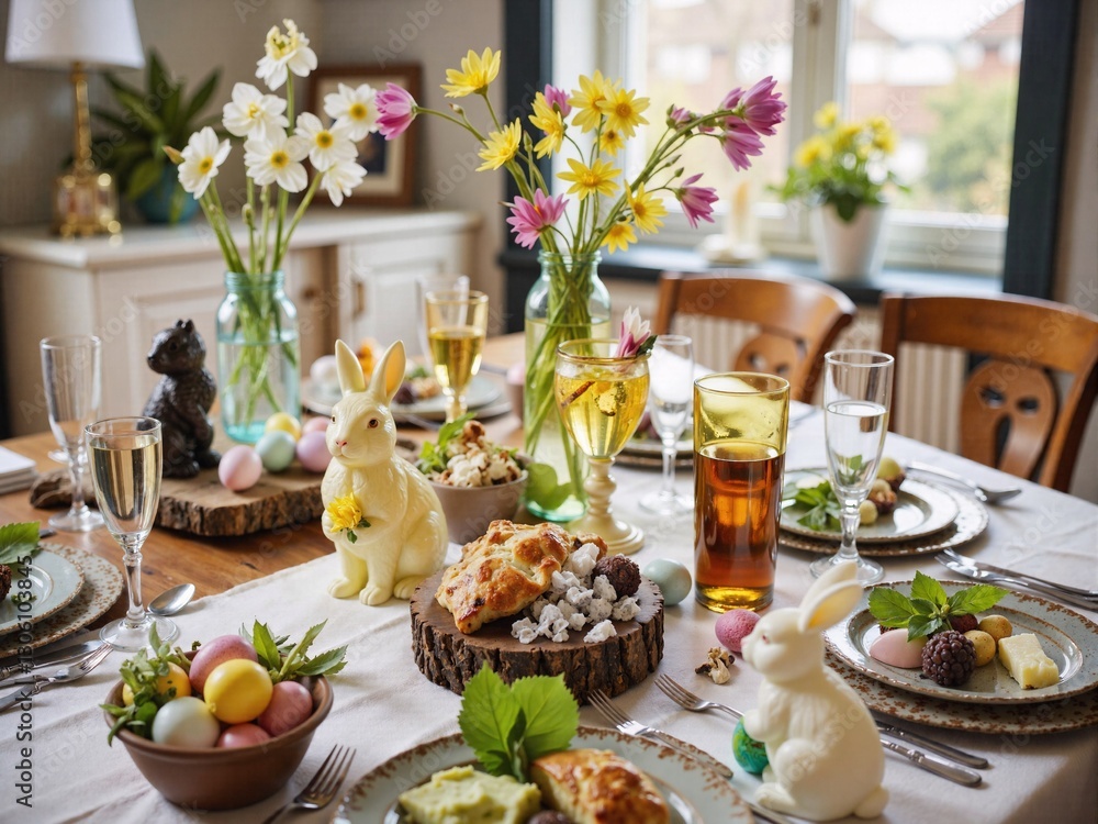 Fototapeta premium Elegant Easter Dining Table with Flowers and Decorations