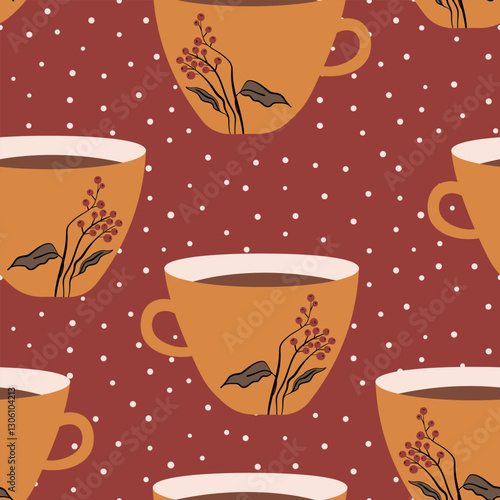 Abstract seamless pattern with color cups. Kitchen doodle background. Design for poster, fabric, textile.