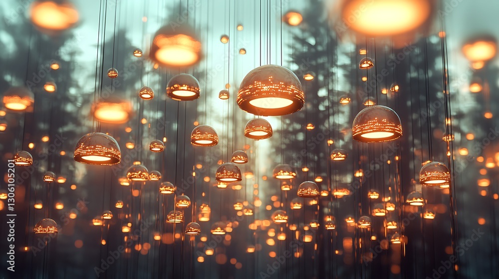Illuminated hanging lights forest photography evening close-up serenity and tranquility Illuminated hanging lights forest photography evening close-up serenity and tranquility