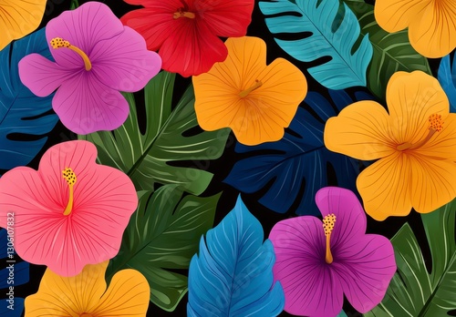 Wallpaper Mural Vibrant Hibiscus and Tropical Leaves Summer Pattern Torontodigital.ca