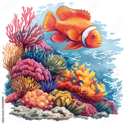 A tropical fish swimming in a coral reef cartoon style watercolor