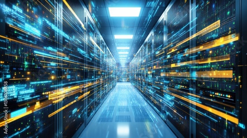 Data flow visualization long corridor digital environment technology futuristic concept