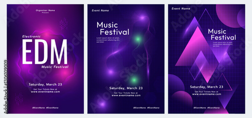 EDM or Electronoic Dance Music festival poster with neon purple and blue tones, dynamic wave patterns. Futuristic, Technology abstract background.