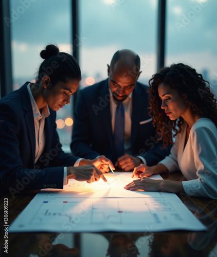 A diverse team strategizing over a glowing digital blueprint, symbolizing resilience and innovation in business continuity planning amidst a dynamic city skyline backdrop.