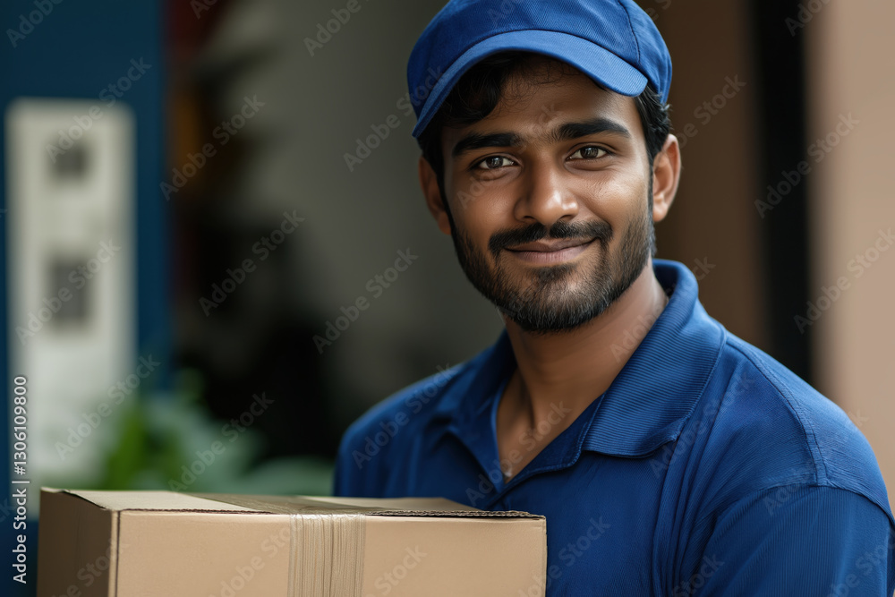 Smiling delivery man holding cardboard package against blurred interior background. Home courier service concept Smiling delivery man holding cardboard package against blurred interior background. Home courier service concept