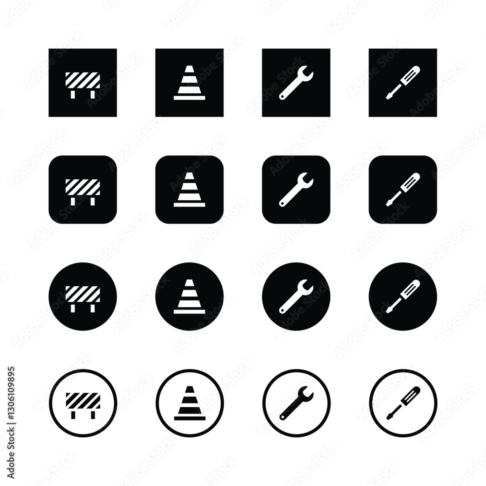 Construction icons, road work symbols, black and white, minimalist design, flat icons, tool graphics, traffic cone, barrier sign, wrench icon, screwdriver icon, square icons, circular icons. Construction icons, road work symbols, black and white, minimalist design, flat icons, tool graphics, traffic cone, barrier sign, wrench icon, screwdriver icon, square icons, circular icons.