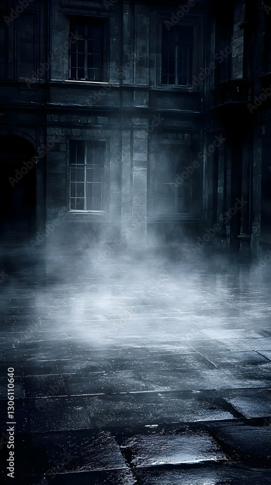 Dark Rainy Night Street Illustration With Fog And Blue Atmosphere Dark Rainy Night Street Illustration With Fog And Blue Atmosphere
