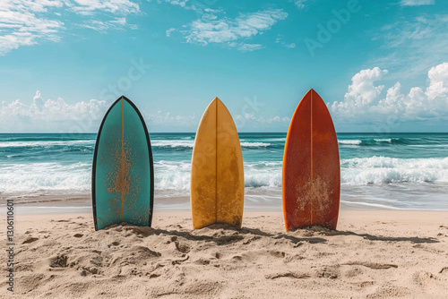 Three weathered surfboards planted in sand facing blue ocean. Surfing lifestyle and coastal recreation photo