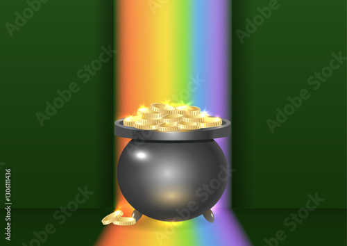 Horizontal background Happy Saint Patricks day with cauldron, gold coins, rainbow on dark green background. Vector illustration