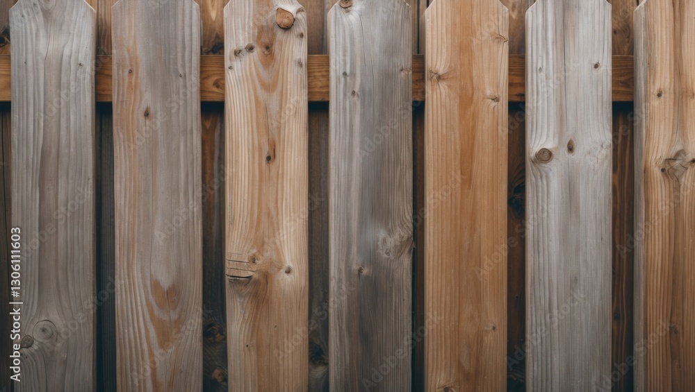Fototapeta premium Natural wood fence panels showcasing diverse textures and tones, ideal for background design and construction themes.