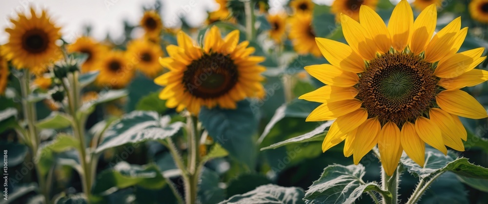 Fototapeta premium Vibrant Sunflower Field in Full Bloom with Yellow Petals and Green Foliage against a Bright Sky