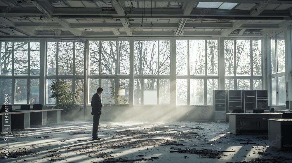 Businessman standing alone in an empty office, reflecting on closure, void of furniture, sunlight streaming through windows, capturing poignant moment of transition and loss Businessman standing alone in an empty office, reflecting on closure, void of furniture, sunlight streaming through windows, capturing poignant moment of transition and loss