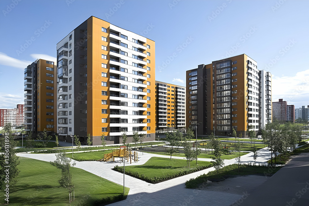 Modern Apartment Complex Illustration, Sunny Day