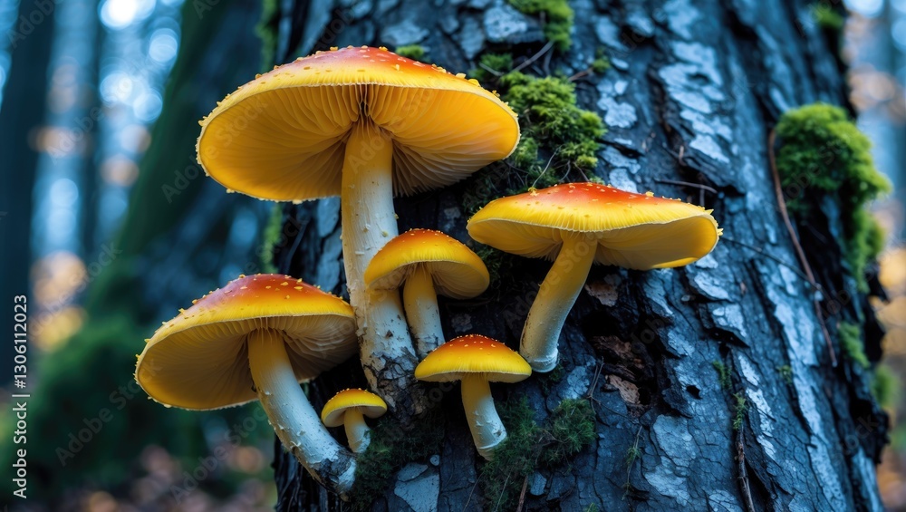 Vibrant yellow fungi cluster on a textured tree trunk surrounded by lush green moss in a serene forest setting. Vibrant yellow fungi cluster on a textured tree trunk surrounded by lush green moss in a serene forest setting.