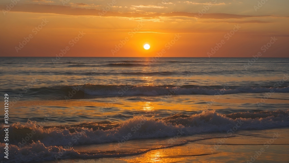Fototapeta premium Vibrant Sunset Over Ocean Waves with Warm Yellow and Orange Tones Creating a Serene Evening Atmosphere on the Horizon