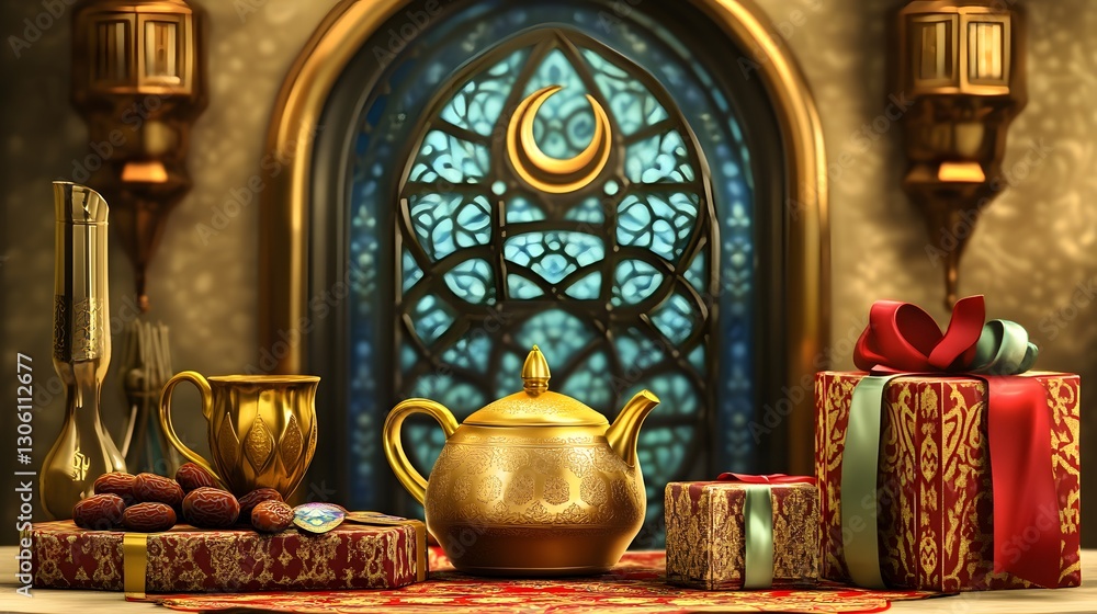Luxurious Eid Gift Scene with Golden Teapot and Dates Luxurious Eid Gift Scene with Golden Teapot and Dates