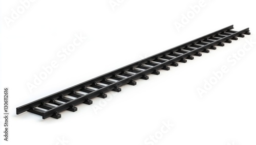 3D black train track going straight to the right, isolated on a white background.