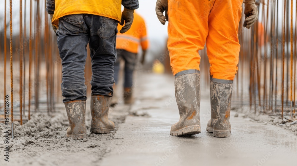 Construction workers in orange attire walk along a concrete path, surrounded by rebar, showcasing a busy construction site. Construction workers in orange attire walk along a concrete path, surrounded by rebar, showcasing a busy construction site.