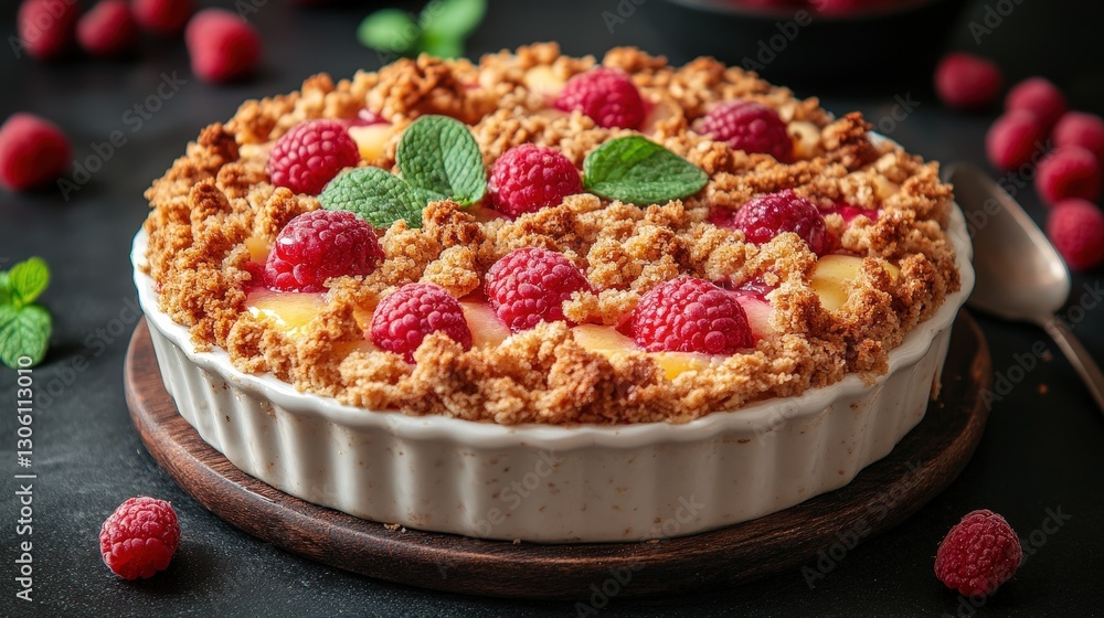 Raspberry crumble dessert, dark background Raspberry crumble dessert, dark background
